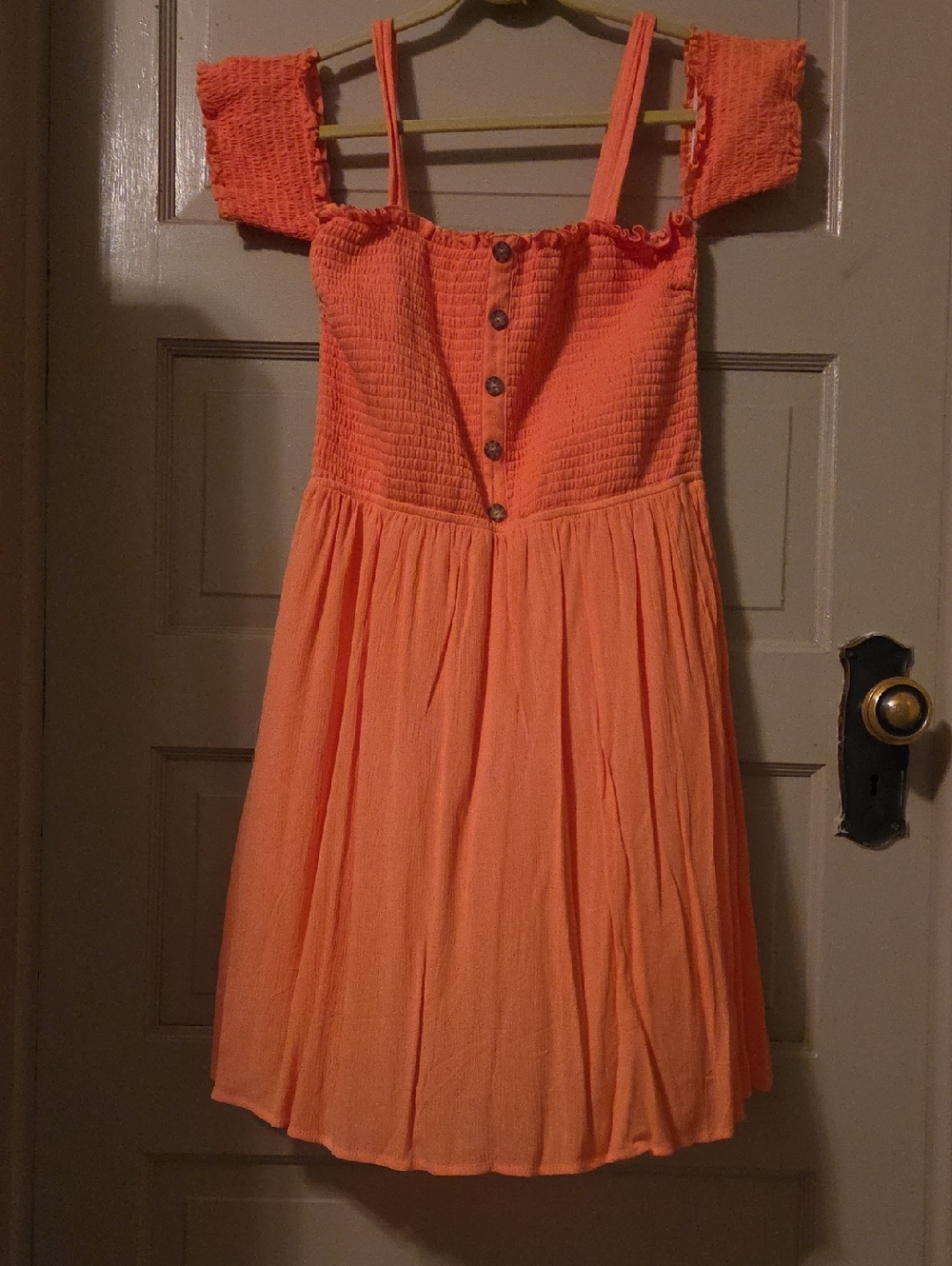 VENUS Orange Off-Shoulder Smocked Dress with Buttons